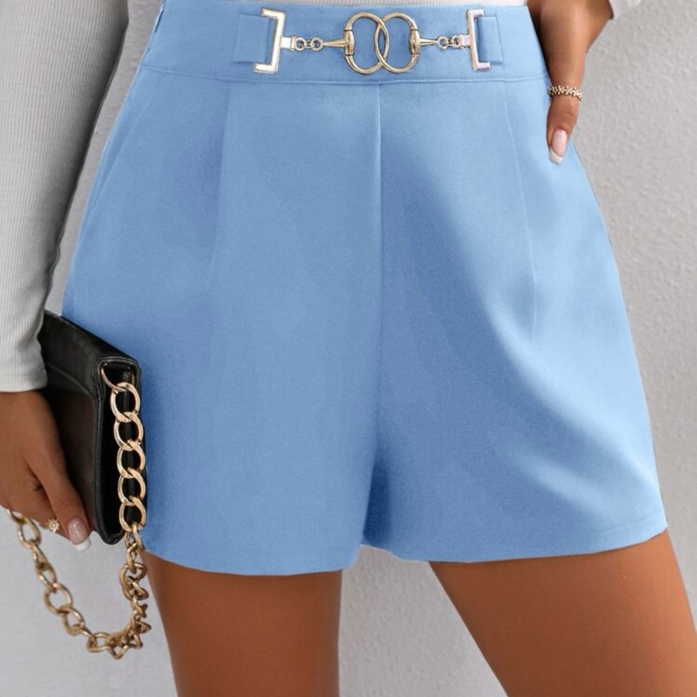 Never Been Worn Elegant Blue Women's Shorts with Gold Accent